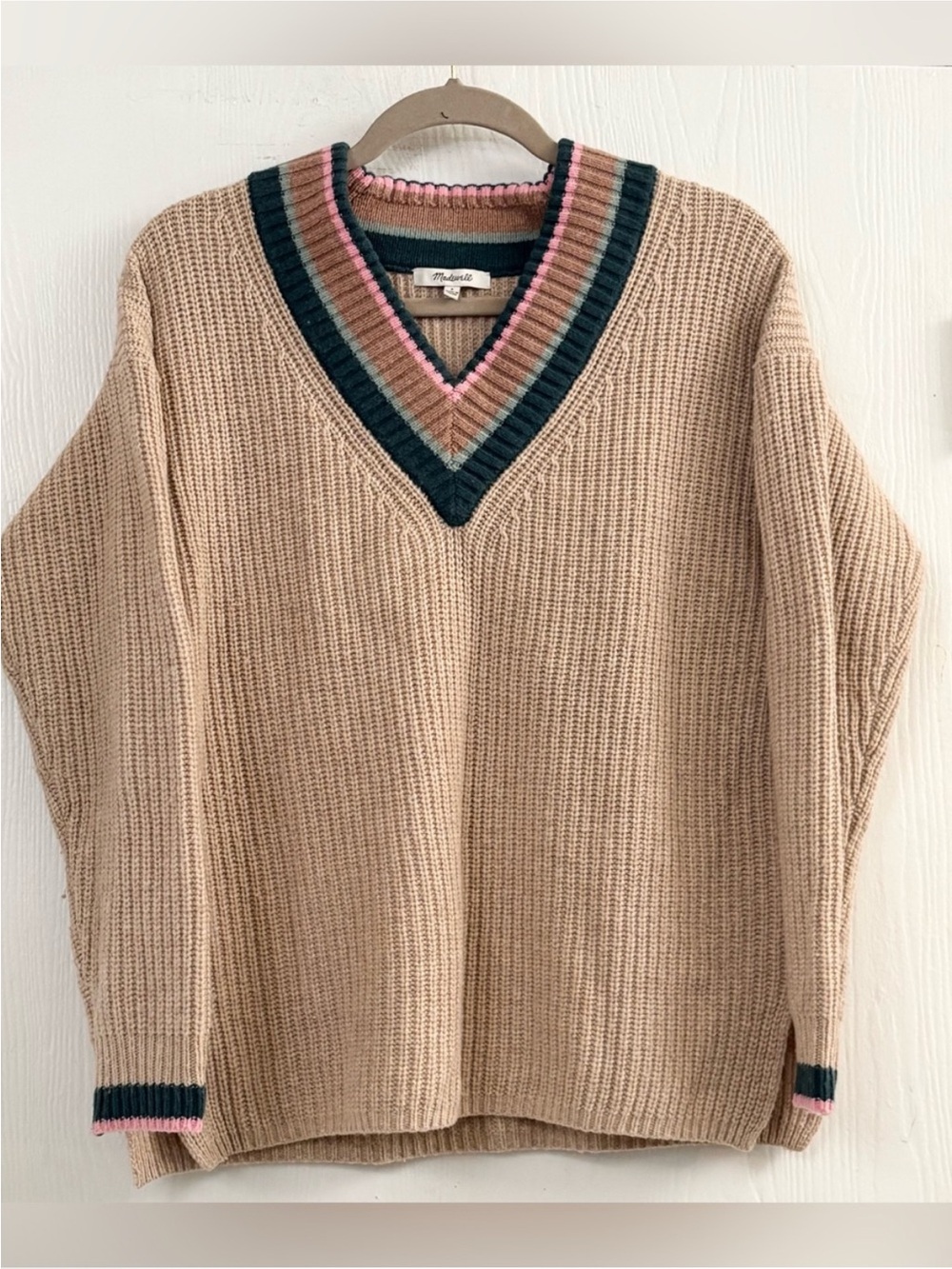 Madewell Tipped Forrest Women’s Beige V-Neck Sweater Pink and Green Trim Sz S